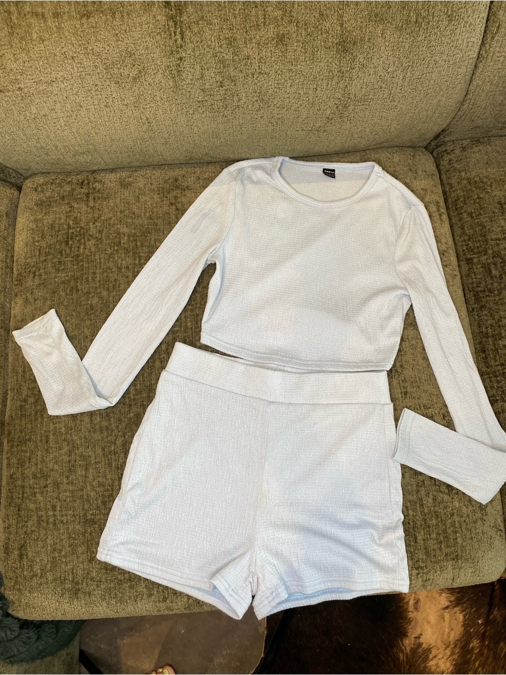 SHEIN Light Blue Textured Long Sleeve Crop Top and Shorts Set